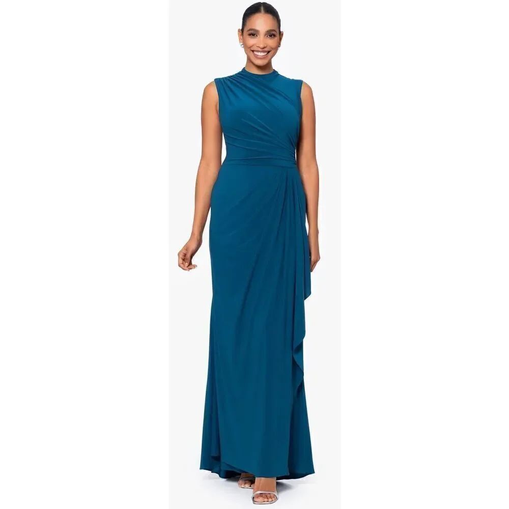 Betsy & Adam PATRICIA" LONG JERSEY KNIT RUFFLE SLEEVELESS DRESS in Mallard NWT S